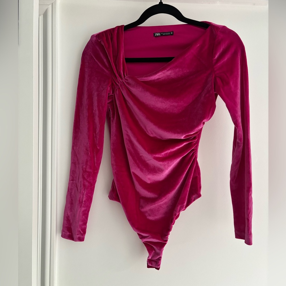 Zara Fuchsia Velvet Draped Long-Sleeve Bodysuit - Picture 7 of 7